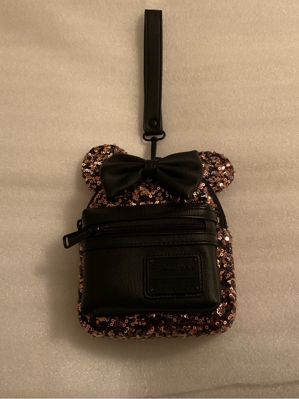 Disney Parks Loungefly Minnie Rose Gold Sequin Micro Backpack Wristlet Rare